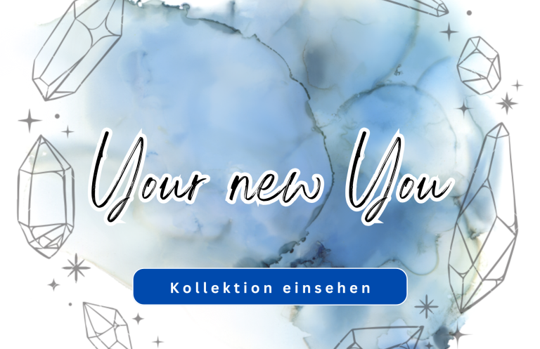 Text auf blauer Wasserfarbe mit der Aufschrift „Your new You“ und kristallförmigen Elementen.