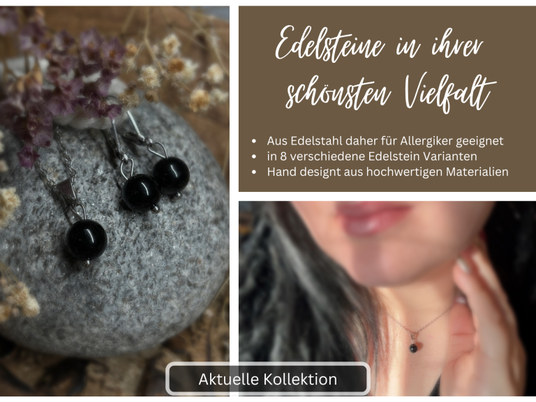 Edelsteinschmuck in schwarzem Design, stilvoll mit einem natürlichen Hintergrund.
