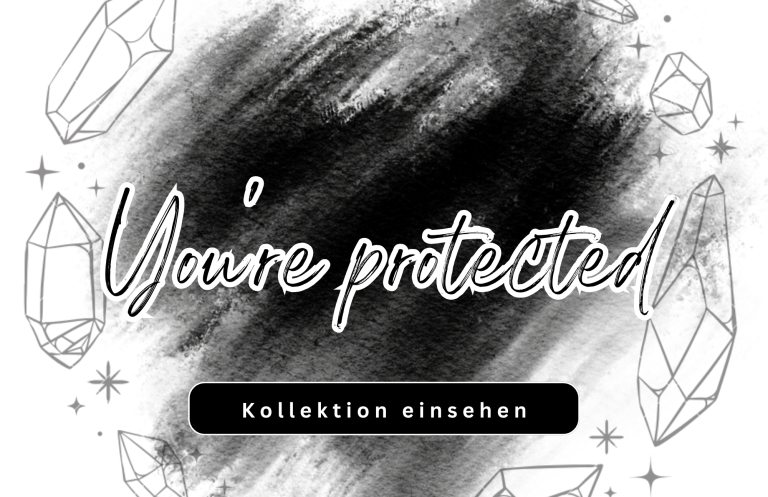 Schwarzer Hintergrund mit Kristallen und dem Text „You're protected“.