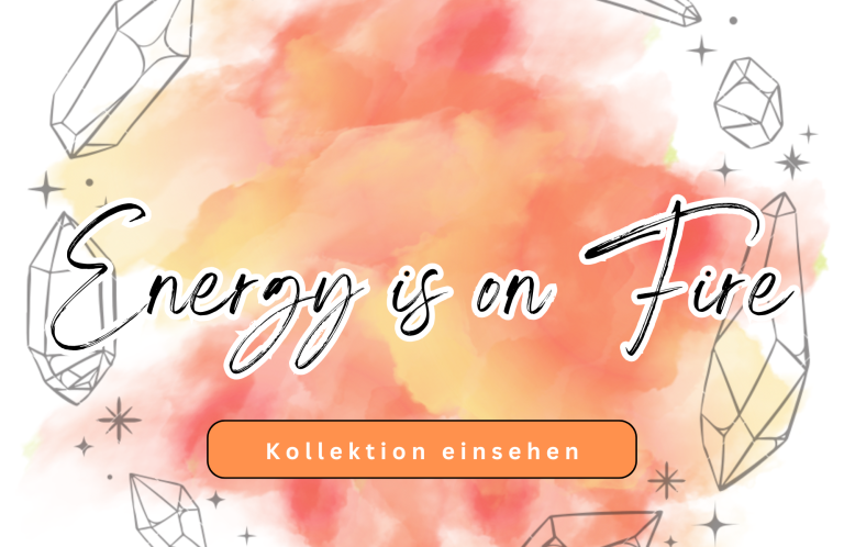 Text "Energy is on Fire" auf einem bunten, aquarellähnlichen Hintergrund mit Kristallen.