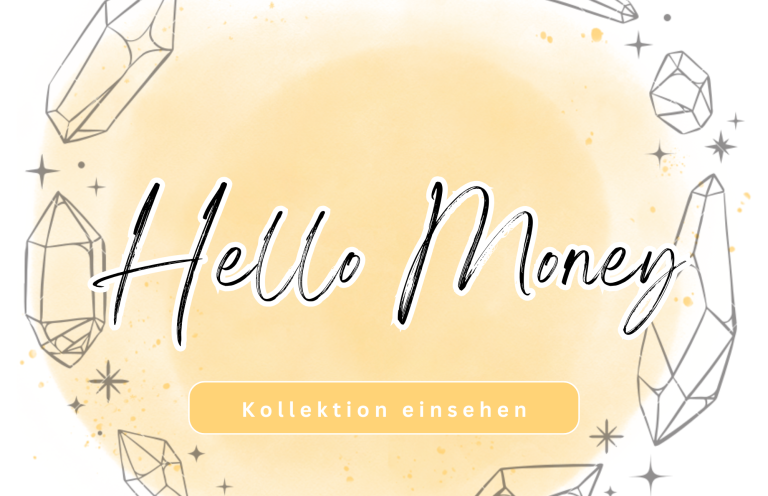 Text mit "Hello Money" und Kristallillustrationen auf gelbem Hintergrund.